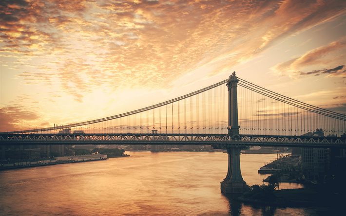 Nova York, noite, p&#244;r do sol, ponte de Manhattan, paisagem urbana, East River, panorama de Nova York, EUA