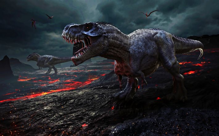 arga dinosaurier, 3D-konst, lava, vilda djur, monster, dinosaurier