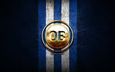 Odense FC, golden logo, Danish Superliga, blue metal background, football, danish football club, Odense logo, soccer, Odense BK