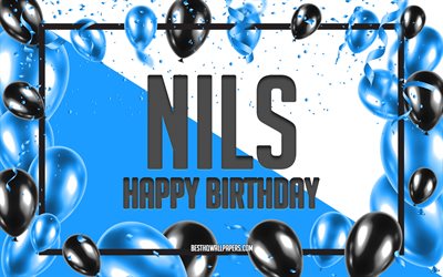 Happy Birthday Nils, Birthday Balloons Background, Nils, wallpapers with names, Nils Happy Birthday, Blue Balloons Birthday Background, Nils Birthday
