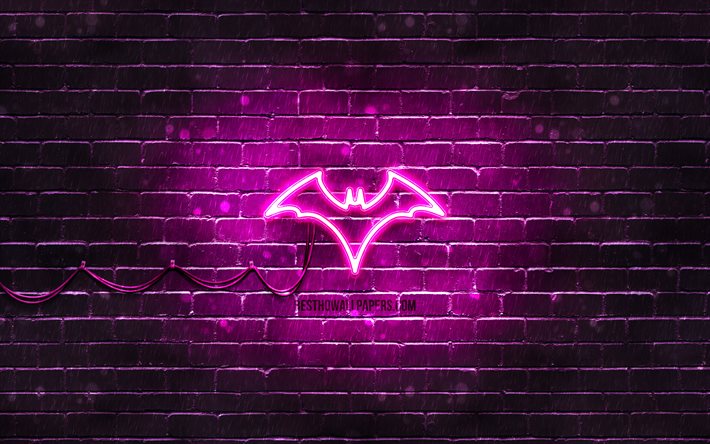 Logo viola di Batwoman, 4K, muro di mattoni viola, logo di Batwoman, supereroi, logo al neon di Batwoman, DC Comics, Batwoman