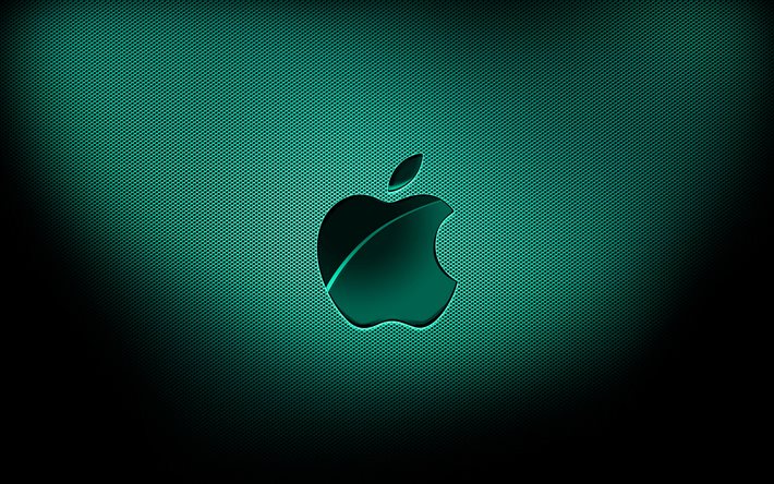 4k, logotipo turquesa da Apple, planos de fundo em grade turquesa, marcas, logotipo da Apple, arte grunge, Apple