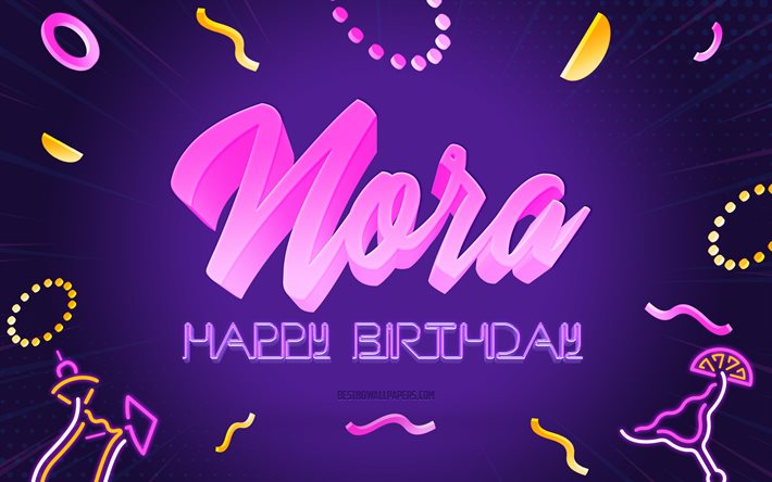 Happy Birthday Nora, 4k, Purple Party Background, Nora, creative art, Happy Nora birthday, Nora name, Nora Birthday, Birthday Party Background