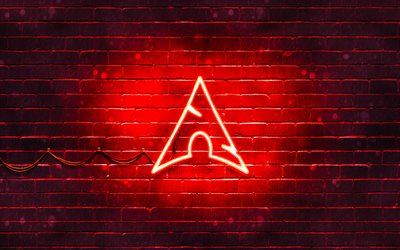 arch linux rotes logo, 4k, betriebssystem, rote backsteinmauer, arch linux logo, linux, arch linux neon logo, arch linux