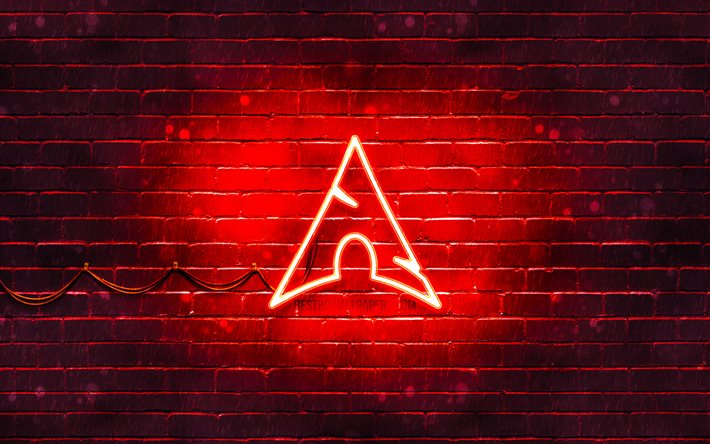 ArchLinuxの赤いロゴ, 4k, OS, 赤レンガの壁, ArchLinuxロゴ, Linux, ArchLinuxネオンロゴ, Arch Linux