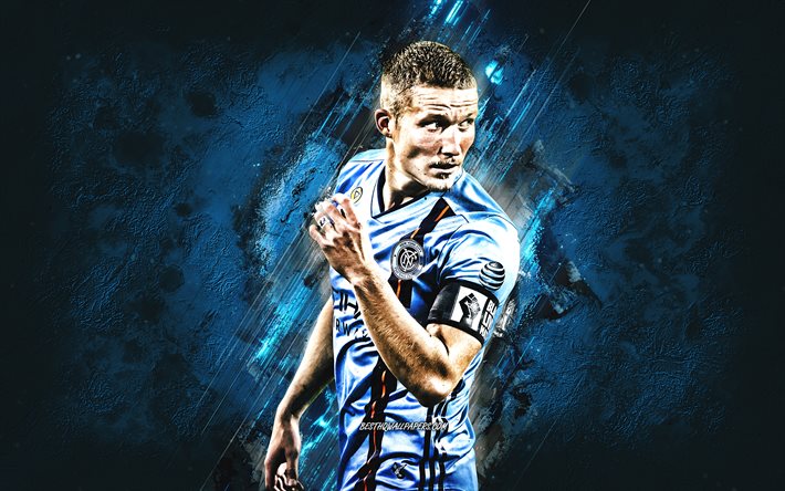 Alexander Ring, New York City FC, finnish footballer, midfielder, portrait, MLS, blue stone background