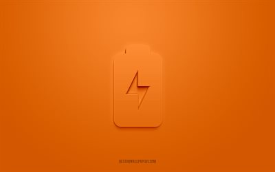 Icona 3d caricabatteria, sfondo arancione, simboli 3d, caricabatteria, icone elettriche, icone 3d, segno batteria, icone 3d elettriche