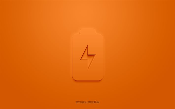 Icona 3d caricabatteria, sfondo arancione, simboli 3d, caricabatteria, icone elettriche, icone 3d, segno batteria, icone 3d elettriche