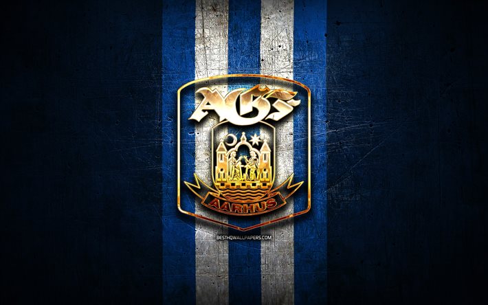 Aarhus FC, golden logo, Danish Superliga, blue metal background, football, danish football club, Aarhus logo, soccer, Aarhus GF