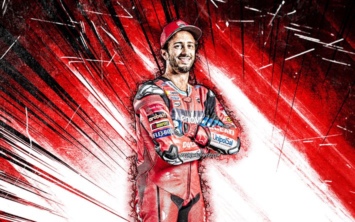 4k, Andrea Dovizioso, arte grunge, Ducati Corse, motociclista italiano, MotoGP, raios abstratos vermelhos, Campeonato Mundial de MotoGP, Andrea Dovizioso 4K