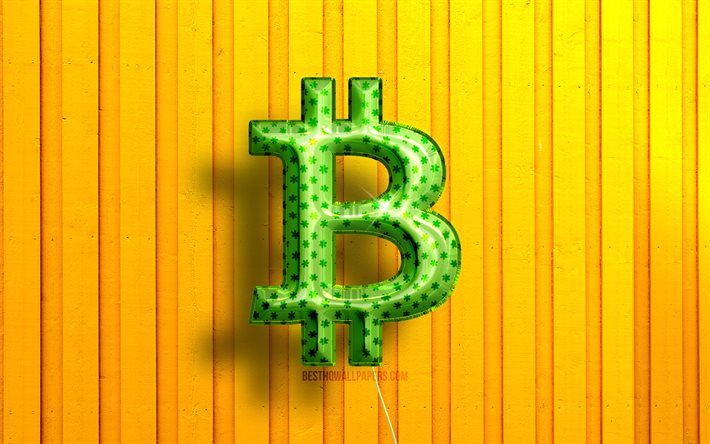 Logo 3D Bitcoin, 4K, palloncini realistici verdi, criptovaluta, sfondi in legno gialli, social network, logo Bitcoin, Bitcoin