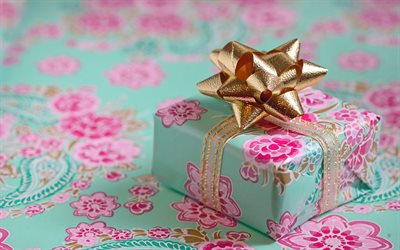 confezione regalo con rose, fiocco oro sul regalo, sfondo regalo, carta da regalo per fiori, carta da regalo con rose, confezione regalo