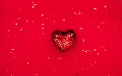 red glitter heart, heart on red background, love heart background, romance background, red heart