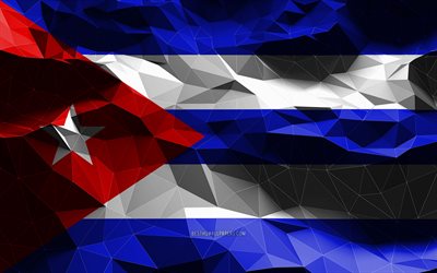 4k, キューバの旗, 低ポリアート, 北米諸国, 国のシンボル, 3Dフラグ, キューバ, 北米, キューバの3Dフラグ