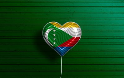 J&#39;aime les Comores, 4k, ballons r&#233;alistes, fond en bois vert, pays africains, coeur de drapeau des Comores, pays pr&#233;f&#233;r&#233;s, drapeau des Comores, ballon avec drapeau, Comores, Love Comoros