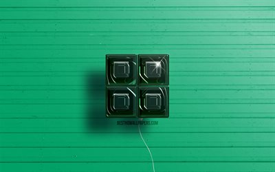 Microsoft 3D logo, 4K, dark green realistic balloons, Microsoft logo, green wooden backgrounds, Microsoft