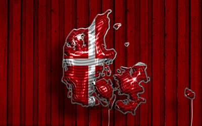Danemark carte de ballons r&#233;alistes, 4k, silhouette du Danemark, cartes 3D, carte du Danemark, drapeau danois, fond en bois rouge, ballon avec carte du Danemark, cr&#233;atif, carte du Danemark 3D