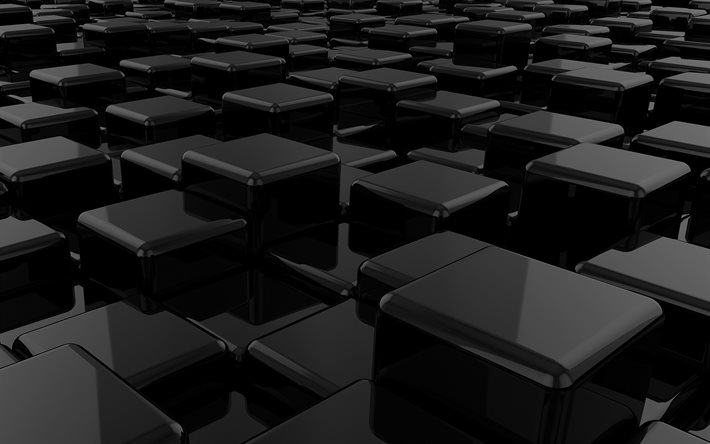 3Dブラックキューブ, 黒の背景, 3D黒いガラスの立方体, 3Dキューブの背景, 黒の創造的な背景