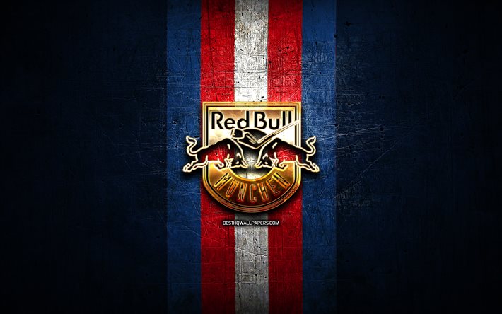 EHC Red Bull Munchen, golden logo, DEL, blue metal background, german hockey team, Deutsche Eishockey Liga, german hockey league, EHC Red Bull Munchen logo, hockey