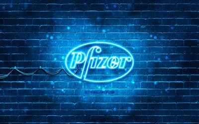 Pfizer blue logo, 4k, blue brickwall, Pfizer logo, Covid-19, Coronavirus, Pfizer neon logo, Covid vaccine, Pfizer