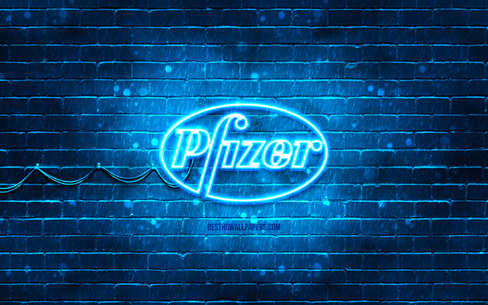 Pfizer blue logo, 4k, blue brickwall, Pfizer logo, Covid-19, Coronavirus, Pfizer neon logo, Covid vaccine, Pfizer