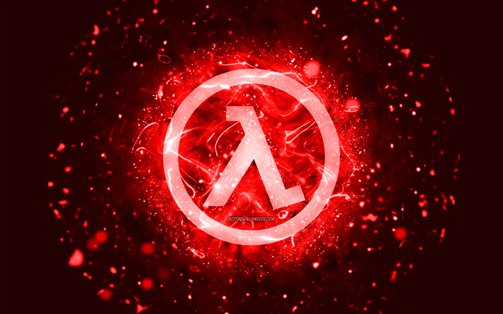 Half-Life kırmızı logosu, 4k, kırmızı neon ışıkları, yaratıcı, kırmızı soyut arka plan, Half-Life logosu, oyun logoları, Half-Life