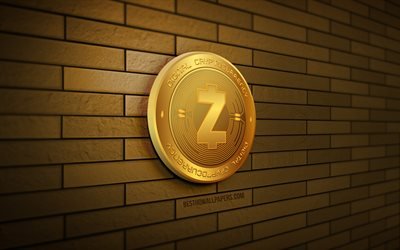 Zcash golden logo, 4K, yellow brickwall, creative, cryptocurrency, Zcash 3D logo, Zcash logo, 3D art, Zcash