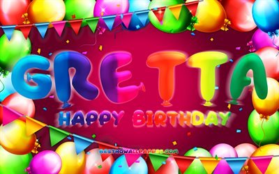 Happy Birthday Gretta, 4k, colorful balloon frame, Gretta name, purple background, Gretta Happy Birthday, Gretta Birthday, popular german female names, Birthday concept, Gretta