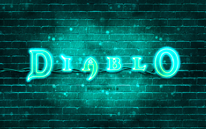 Diablo turquoise logo, 4k, turquoise brickwall, Diablo logo, games brands, Diablo neon logo, Diablo