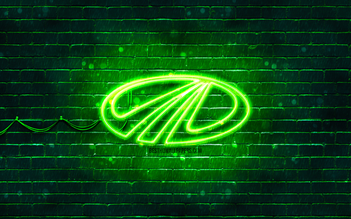 Mahindra yeşil logo, 4k, yeşil brickwall, Mahindra logo, markalar, Mahindra neon logo, Mahindra