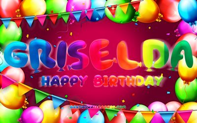 Buon compleanno Griselda, 4k, cornice a palloncino colorato, nome Griselda, sfondo viola, buon compleanno Griselda, compleanno Griselda, nomi femminili tedeschi popolari, concetto di compleanno, Griselda