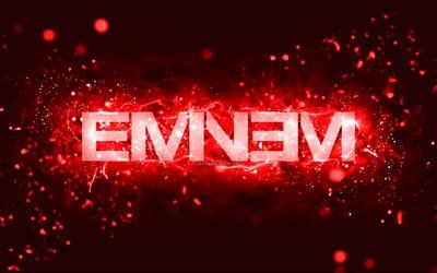 Logo Eminem rosso, 4k, rapper americano, luci al neon rosse, creativo, sfondo astratto rosso, Marshall Bruce Mathers III, logo Eminem, stelle della musica, Eminem