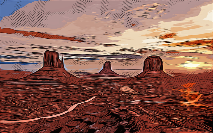 Monument Valley, 4k, vector art, Monument Valley drawing, creative art, Monument Valley art, vector drawing, abstract nature, Arizona, USA