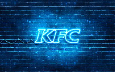 KFC blue logo, 4k, blue brickwall, KFC logo, brands, KFC neon logo, KFC