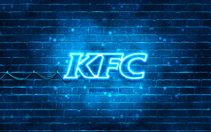 KFC blue logo, 4k, blue brickwall, KFC logo, brands, KFC neon logo, KFC