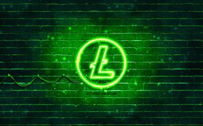 Litecoin green logo, 4k, green brickwall, Litecoin logo, cryptocurrency, Litecoin neon logo, Litecoin