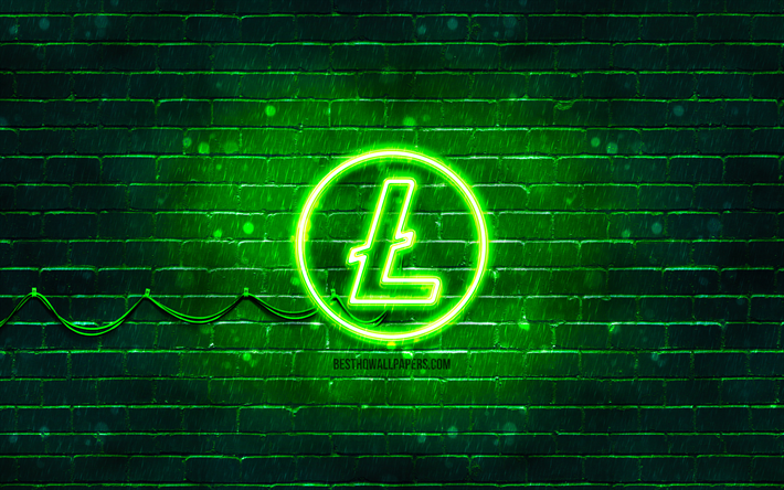 ライトコイングリーンのロゴ, 4k, 緑のレンガの壁, ライトコインのロゴ, 仮想通貨, ライトコインネオンロゴ, Litecoin