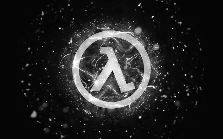 Logo Half-Life bianco, 4k, luci al neon bianche, creativo, sfondo astratto nero, logo Half-Life, loghi giochi, Half-Life