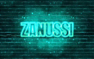 Logo turchese Zanussi, 4k, muro di mattoni turchese, logo Zanussi, marchi, logo neon Zanussi, Zanussi