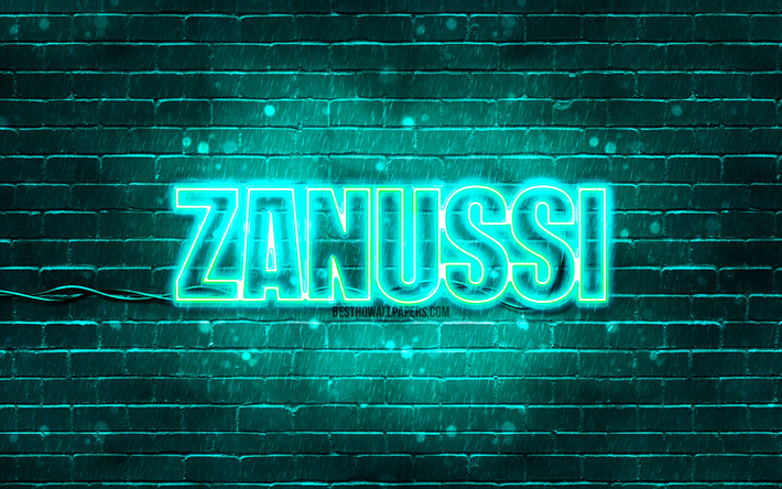 Zanussi turquoise logo, 4k, turquoise brickwall, Zanussi logo, brands, Zanussi neon logo, Zanussi