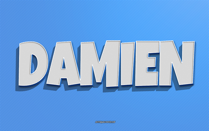 Damien, fond de lignes bleues, fonds d&#39;&#233;cran avec noms, nom Damien, noms masculins, carte de voeux Damien, dessin au trait, photo avec nom Damien