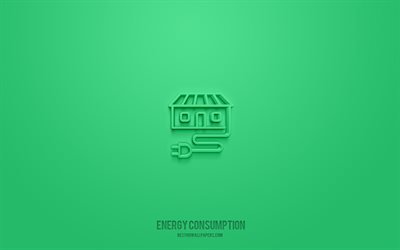 Icona 3d del consumo di energia, sfondo verde, simboli 3d, consumo di energia, icone di ecologia, icone 3d, segno di consumo di energia, icone di ecologia 3d