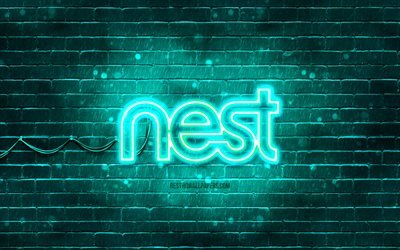 Google Nest turquoise logo, 4k, turquoise brickwall, Google Nest logo, brands, Google Nest neon logo, Google Nest