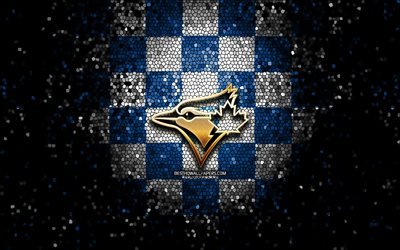 Toronto Blue Jays emblem, glitter logo, MLB, blue white checkered background, american baseball team, Major League Baseball, mosaic art, baseball, Toronto Blue Jays