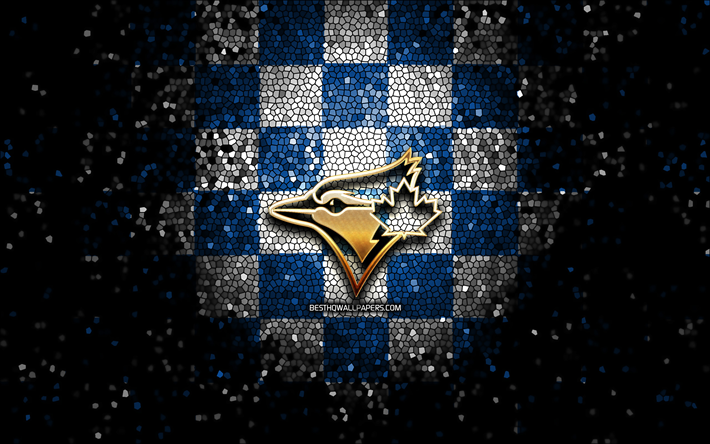 Embl&#232;me des Blue Jays de Toronto, logo scintillant, MLB, fond bleu &#224; carreaux blancs, &#233;quipe de baseball am&#233;ricaine, Major League Baseball, art de la mosa&#239;que, baseball, Toronto Blue Jays