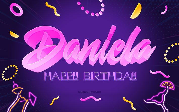 Happy Birthday Daniela, 4k, Purple Party Background, Daniela, creative art, Happy Daniela birthday, Daniela name, Daniela Birthday, Birthday Party Background