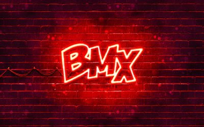 BMX red logo, 4k, red brickwall, BMX logo, brands, BMX neon logo, BMX