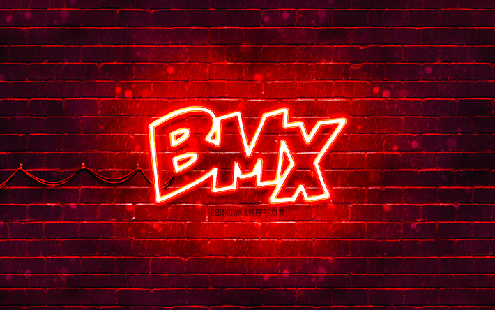 BMX r&#246;d logotyp, 4k, r&#246;d tegelv&#228;gg, BMX logotyp, varum&#228;rken, BMX neon logotyp, BMX