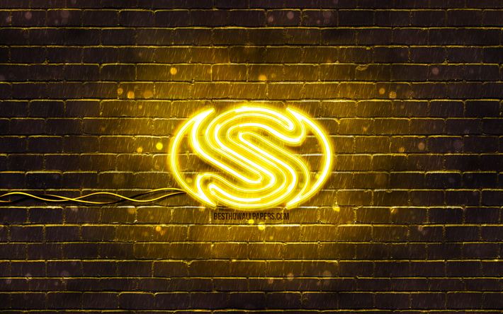 Sapphire yellow logo, 4k, yellow brickwall, Sapphire logo, varum&#228;rken, Sapphire neon logo, Sapphire