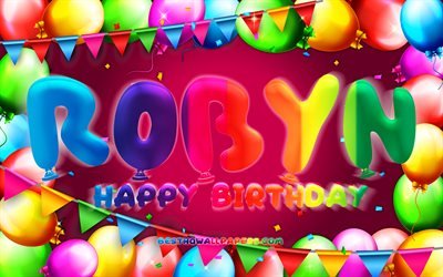 お誕生日おめでとうロビン, 4k, カラフルなバルーンフレーム, ロビン名, 紫の背景, ロビンお誕生日おめでとう, ロビンの誕生日, 人気のドイツの女性の名前, 誕生日のコンセプト, ロビン